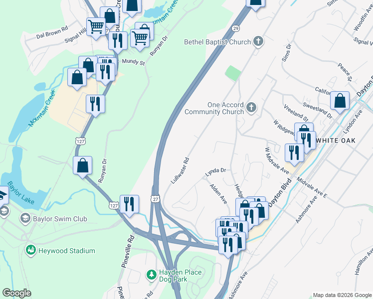 map of restaurants, bars, coffee shops, grocery stores, and more near 433 Lullwater Road in Chattanooga