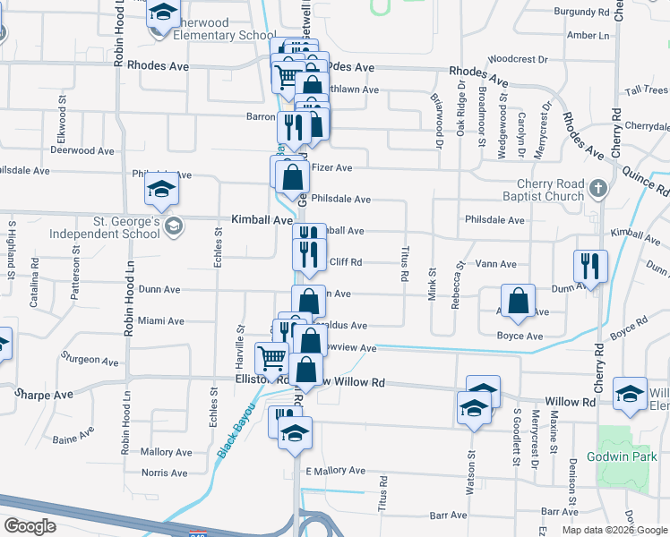 map of restaurants, bars, coffee shops, grocery stores, and more near 3993 Oak Cliff Road in Memphis