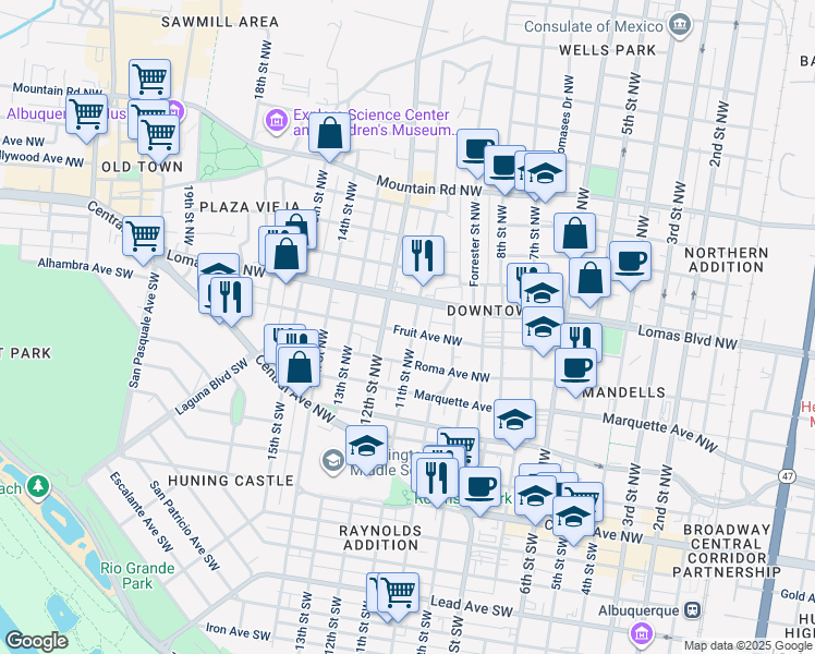 map of restaurants, bars, coffee shops, grocery stores, and more near 601 11th Street Northwest in Albuquerque