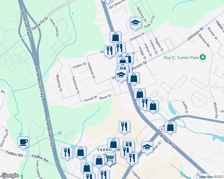 map of restaurants, bars, coffee shops, grocery stores, and more near 203 Gertrude St in Fayetteville