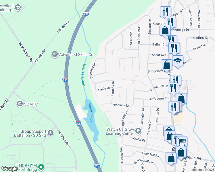 map of restaurants, bars, coffee shops, grocery stores, and more near 7608 Sable Drive in Fayetteville