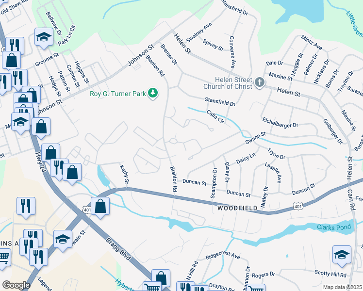 map of restaurants, bars, coffee shops, grocery stores, and more near 1899 Tryon Drive in Fayetteville