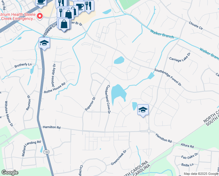 map of restaurants, bars, coffee shops, grocery stores, and more near 12700 Cumberland Cove Drive in Charlotte