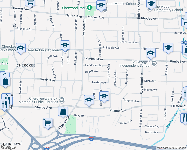 map of restaurants, bars, coffee shops, grocery stores, and more near 3452 Dunn Avenue in Memphis