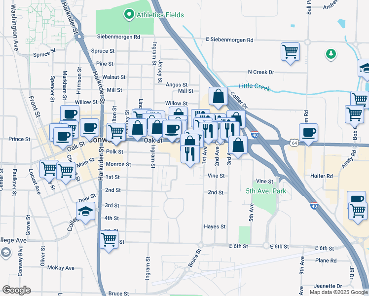 map of restaurants, bars, coffee shops, grocery stores, and more near 311 West Oak Street in Conway