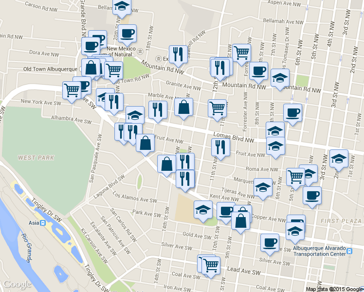 map of restaurants, bars, coffee shops, grocery stores, and more near 314 14th Street Southwest in Albuquerque