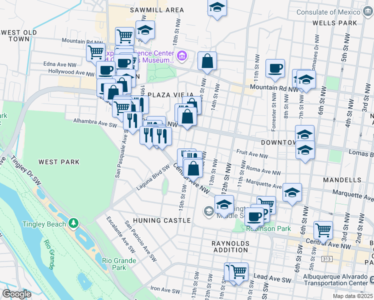 map of restaurants, bars, coffee shops, grocery stores, and more near 313 15th Street Southwest in Albuquerque