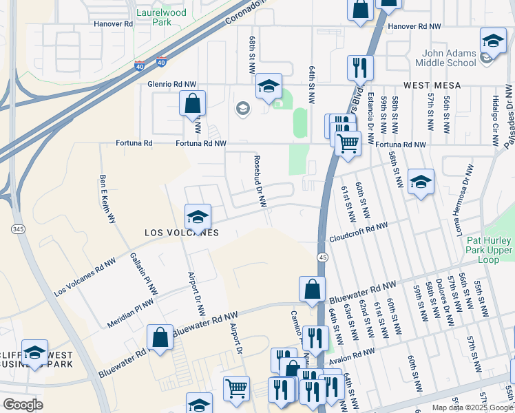 map of restaurants, bars, coffee shops, grocery stores, and more near 6704 Silkwood Avenue Northwest in Albuquerque