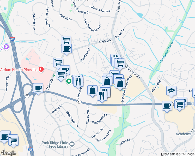 map of restaurants, bars, coffee shops, grocery stores, and more near 10518 Kettering Drive in Charlotte