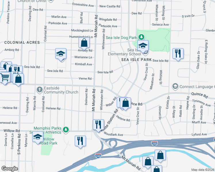 map of restaurants, bars, coffee shops, grocery stores, and more near 5048 Quince Road in Memphis