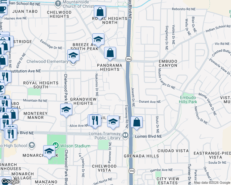 map of restaurants, bars, coffee shops, grocery stores, and more near 13212 Mountain Road Northeast in Albuquerque