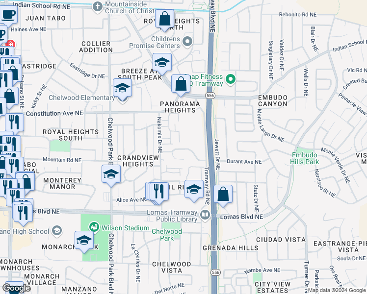 map of restaurants, bars, coffee shops, grocery stores, and more near 13212 Mountain Road Northeast in Albuquerque