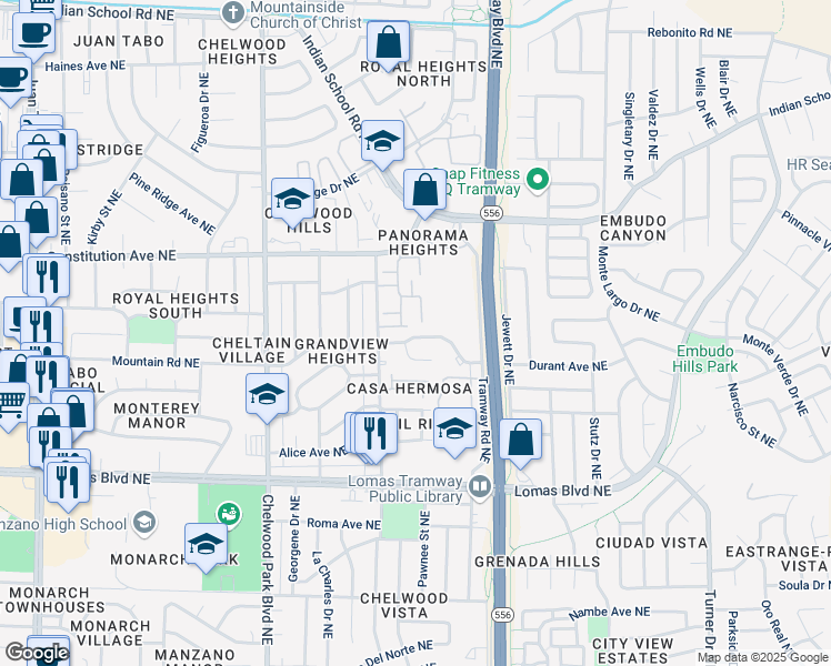 map of restaurants, bars, coffee shops, grocery stores, and more near 13212 Mountain Road Northeast in Albuquerque