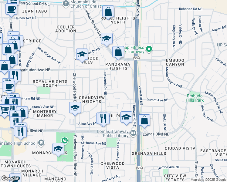 map of restaurants, bars, coffee shops, grocery stores, and more near 13103 Mountain Road Northeast in Albuquerque