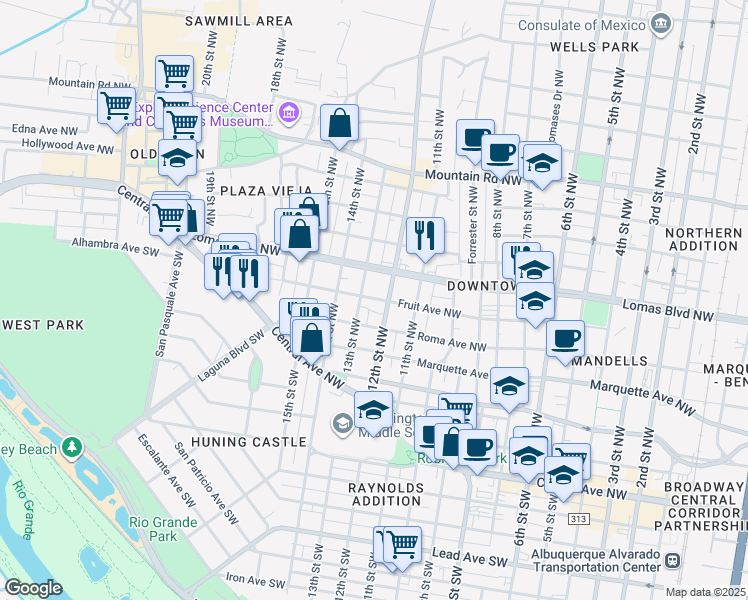 map of restaurants, bars, coffee shops, grocery stores, and more near 1208 Fruit Avenue Northwest in Albuquerque