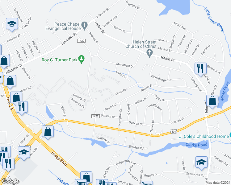 map of restaurants, bars, coffee shops, grocery stores, and more near 1825 Tryon Drive in Fayetteville