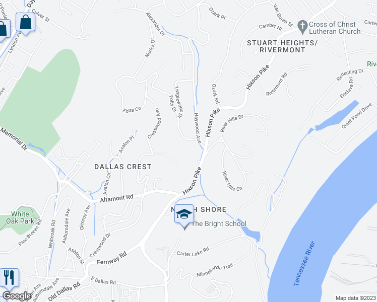 map of restaurants, bars, coffee shops, grocery stores, and more near 2621 Crestwood Drive in Chattanooga