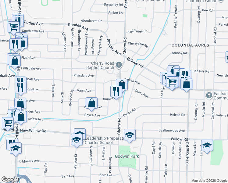 map of restaurants, bars, coffee shops, grocery stores, and more near 1494 Wanda Street in Memphis
