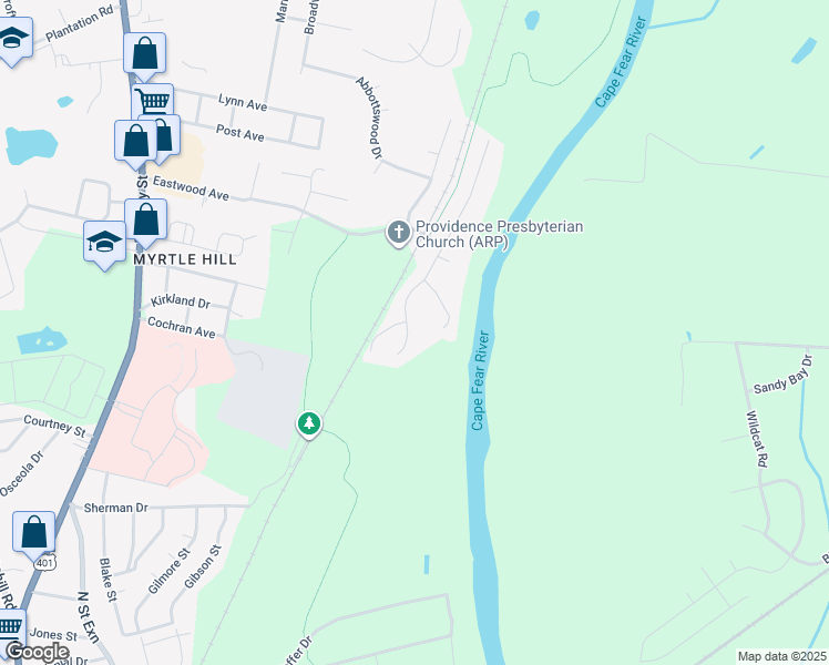 map of restaurants, bars, coffee shops, grocery stores, and more near 2675 Rivercliff Road in Fayetteville