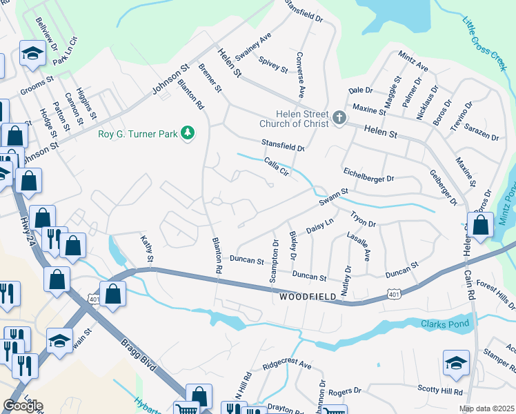 map of restaurants, bars, coffee shops, grocery stores, and more near 1820 Tryon Drive in Fayetteville