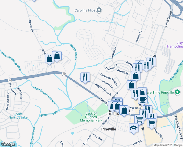 map of restaurants, bars, coffee shops, grocery stores, and more near 727 Brian Circle in Pineville
