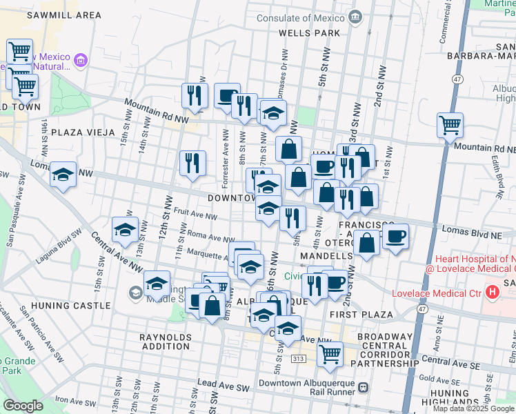 map of restaurants, bars, coffee shops, grocery stores, and more near 700 Lomas Boulevard Northwest in Albuquerque
