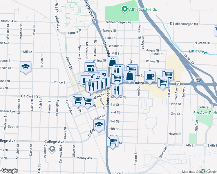 map of restaurants, bars, coffee shops, grocery stores, and more near 813 Oak Street in Conway