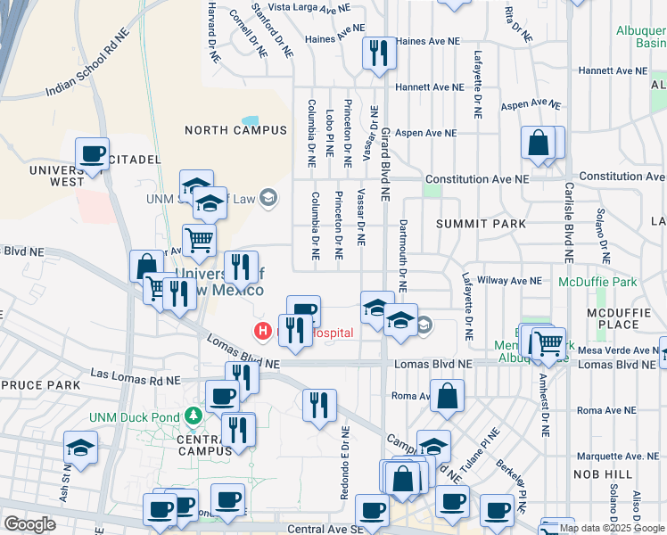 map of restaurants, bars, coffee shops, grocery stores, and more near 1001 Princeton Drive Northeast in Albuquerque
