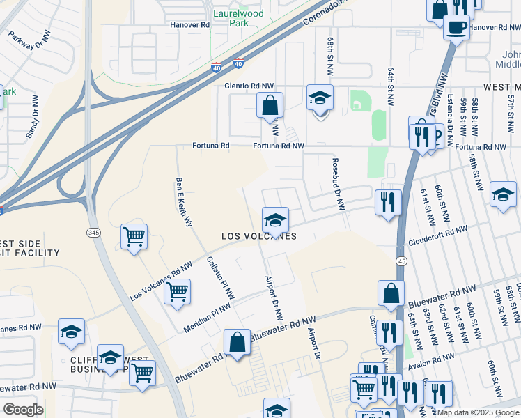 map of restaurants, bars, coffee shops, grocery stores, and more near 7301 Los Volcanes Road Northwest in Albuquerque