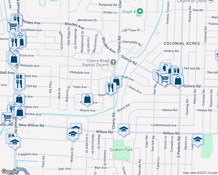 map of restaurants, bars, coffee shops, grocery stores, and more near 1494 Wanda Street in Memphis