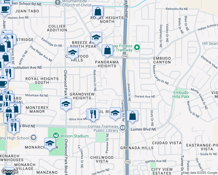 map of restaurants, bars, coffee shops, grocery stores, and more near 13212 Mountain Road Northeast in Albuquerque