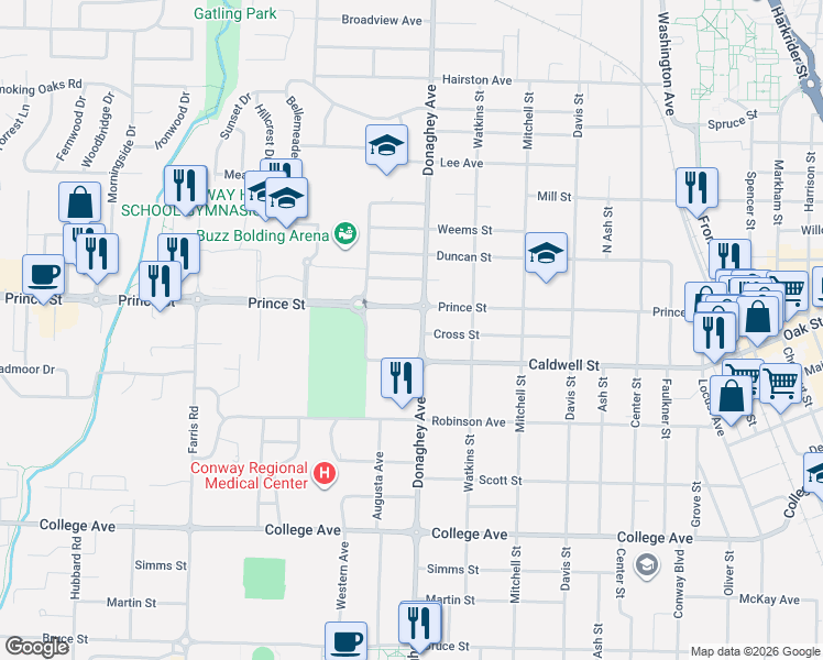 map of restaurants, bars, coffee shops, grocery stores, and more near 915 Donaghey Avenue in Conway