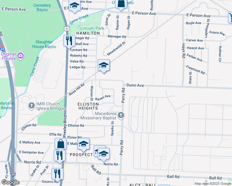 map of restaurants, bars, coffee shops, grocery stores, and more near 1524 Raven Avenue in Memphis