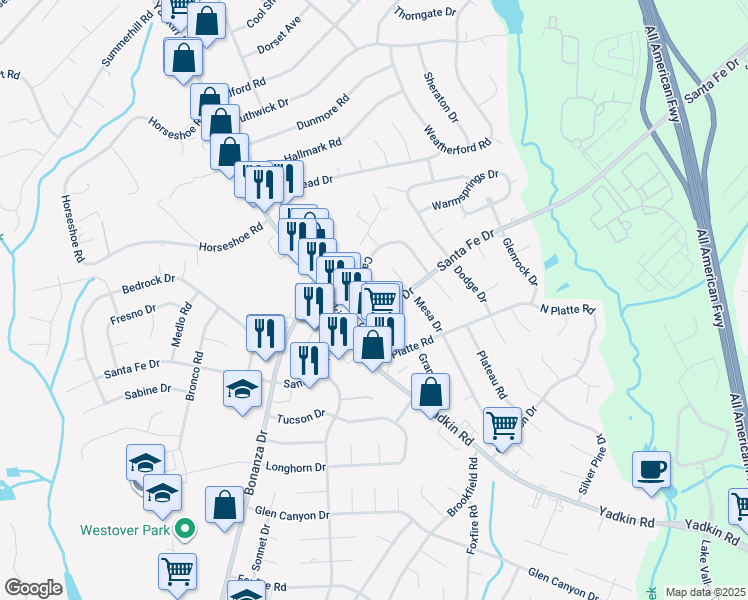 map of restaurants, bars, coffee shops, grocery stores, and more near 5603 Carson Drive in Fayetteville