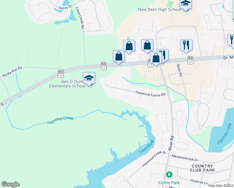 map of restaurants, bars, coffee shops, grocery stores, and more near 1003 Peach Tree Lane in New Bern