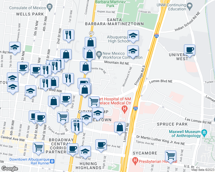 map of restaurants, bars, coffee shops, grocery stores, and more near 902 Edith Boulevard Northeast in Albuquerque