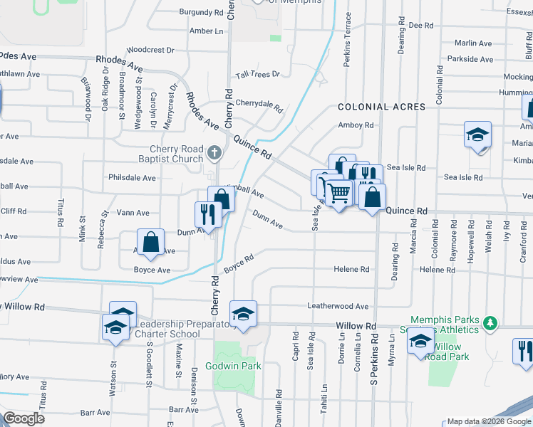 map of restaurants, bars, coffee shops, grocery stores, and more near 4466 Dunn Avenue in Memphis