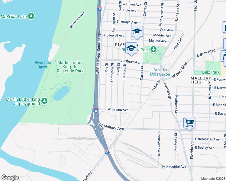 map of restaurants, bars, coffee shops, grocery stores, and more near 2076 Rile Street in Memphis