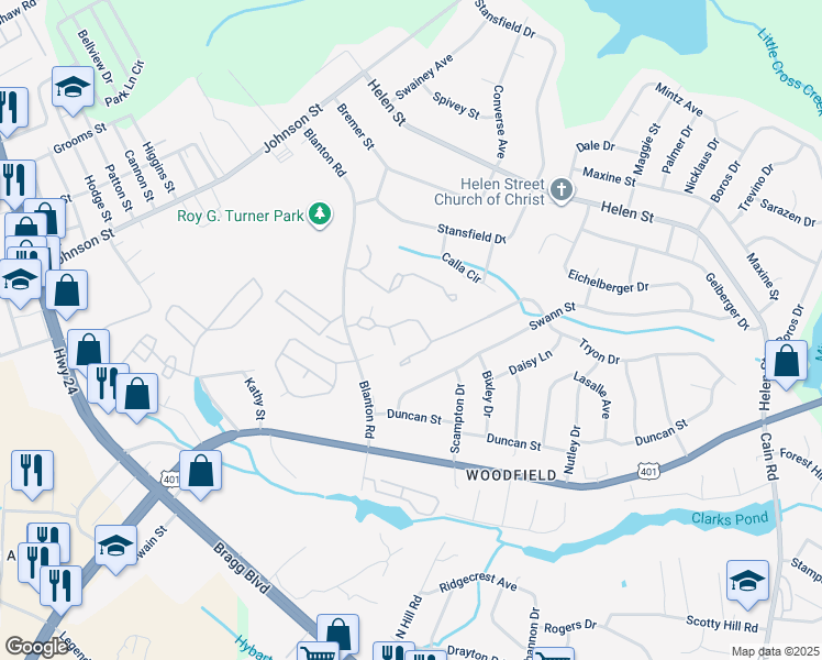 map of restaurants, bars, coffee shops, grocery stores, and more near 1899 Tryon Drive in Fayetteville