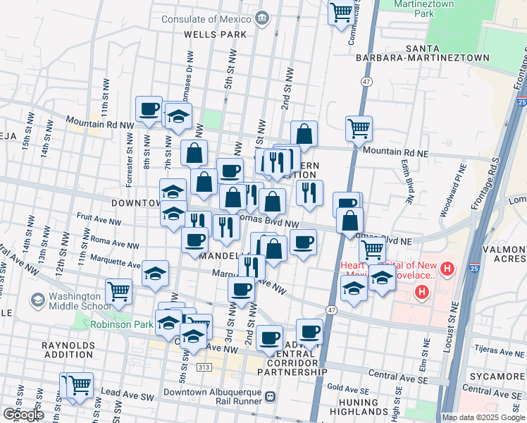 map of restaurants, bars, coffee shops, grocery stores, and more near 201 Lomas Boulevard Northwest in Albuquerque