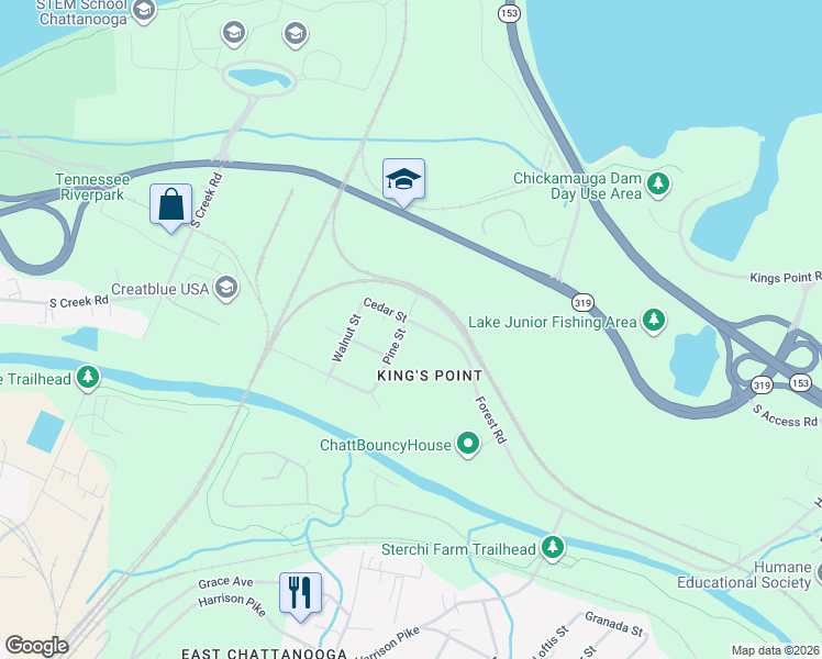 map of restaurants, bars, coffee shops, grocery stores, and more near 4310 Pine Street in Chattanooga