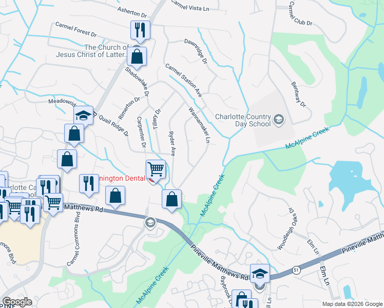 map of restaurants, bars, coffee shops, grocery stores, and more near 6617 Wannamaker Lane in Charlotte