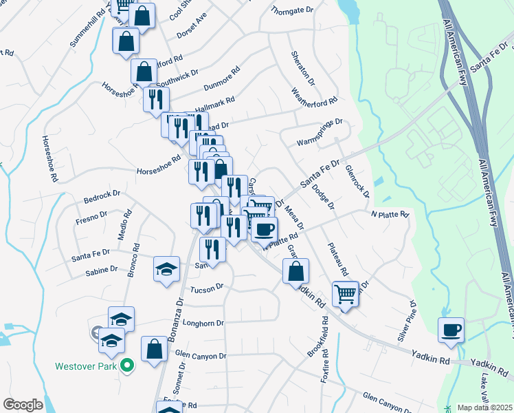 map of restaurants, bars, coffee shops, grocery stores, and more near 5603 Carson Drive in Fayetteville