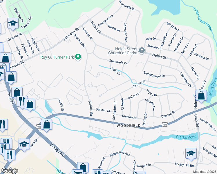map of restaurants, bars, coffee shops, grocery stores, and more near 1820 Tryon Drive in Fayetteville