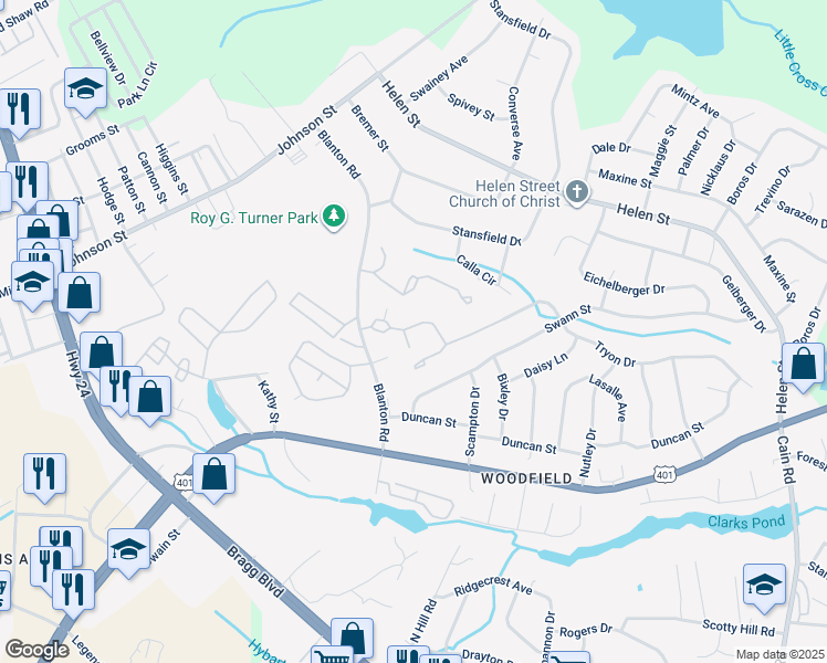 map of restaurants, bars, coffee shops, grocery stores, and more near 1885 Tryon Drive in Fayetteville