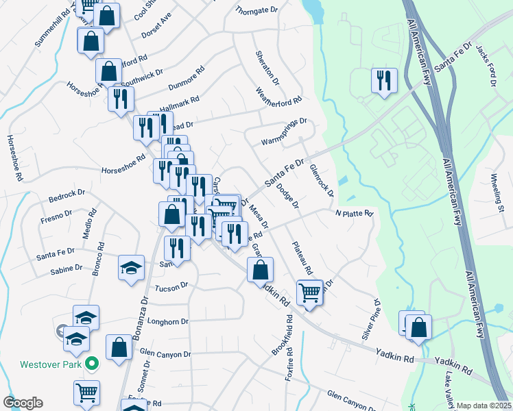 map of restaurants, bars, coffee shops, grocery stores, and more near 5506 Mesa Drive in Fayetteville