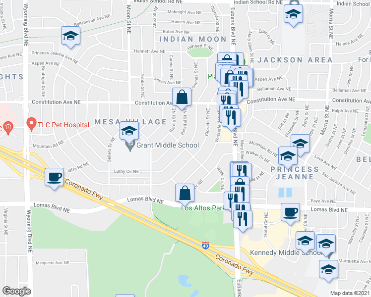 map of restaurants, bars, coffee shops, grocery stores, and more near Espejo St NE & Meylert Rd NE in Albuquerque