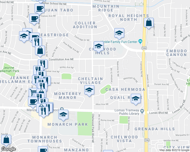 map of restaurants, bars, coffee shops, grocery stores, and more near 1109 Chelwood Park Boulevard Northeast in Albuquerque