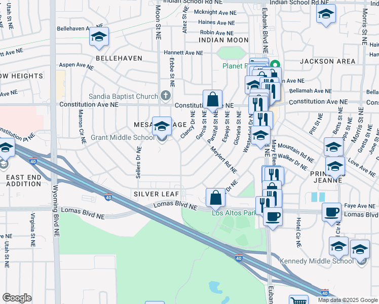 map of restaurants, bars, coffee shops, grocery stores, and more near 1019 Parsifal Street Northeast in Albuquerque