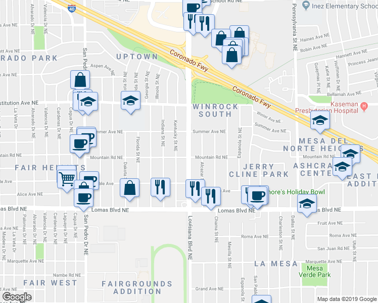 map of restaurants, bars, coffee shops, grocery stores, and more near 1200 Louisiana Boulevard Northeast in Albuquerque